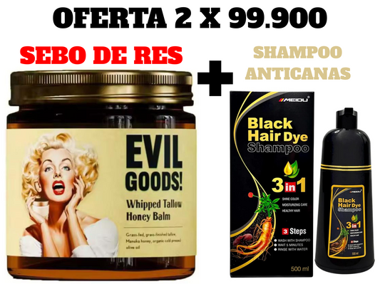 OFERTA 2 X 1 EVIL GOODS® SEBO DE RES + SHAMPOO ANTICANAS BLACK HAIR DYE® 🔥COMBO 2 X 99.900